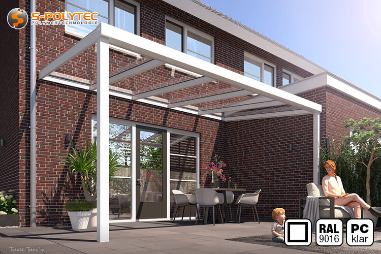 De vierkante terrasdak op maat gemaakt in wit met 16 mm dubbelwandige plaat van transparant polycarbonaat