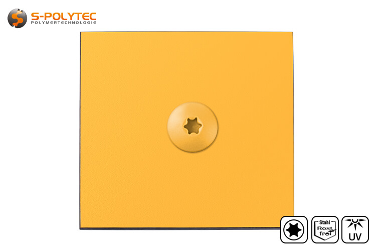 De kopschroeven in goudgeel zijn goedgekeurd voor geventileerde gevelbekledingssystemen met Trespa® Meteon® FR