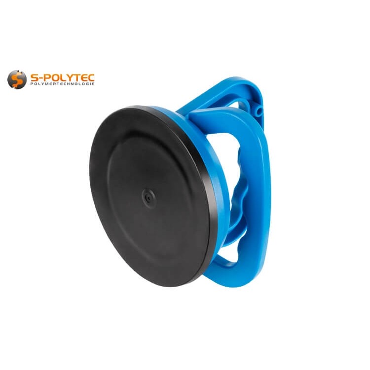 De blauwe behuizing van de Högert vacuümplatenheffer met zuignap Ø120mm is gemaakt van schokbestendig, robuust kunststof