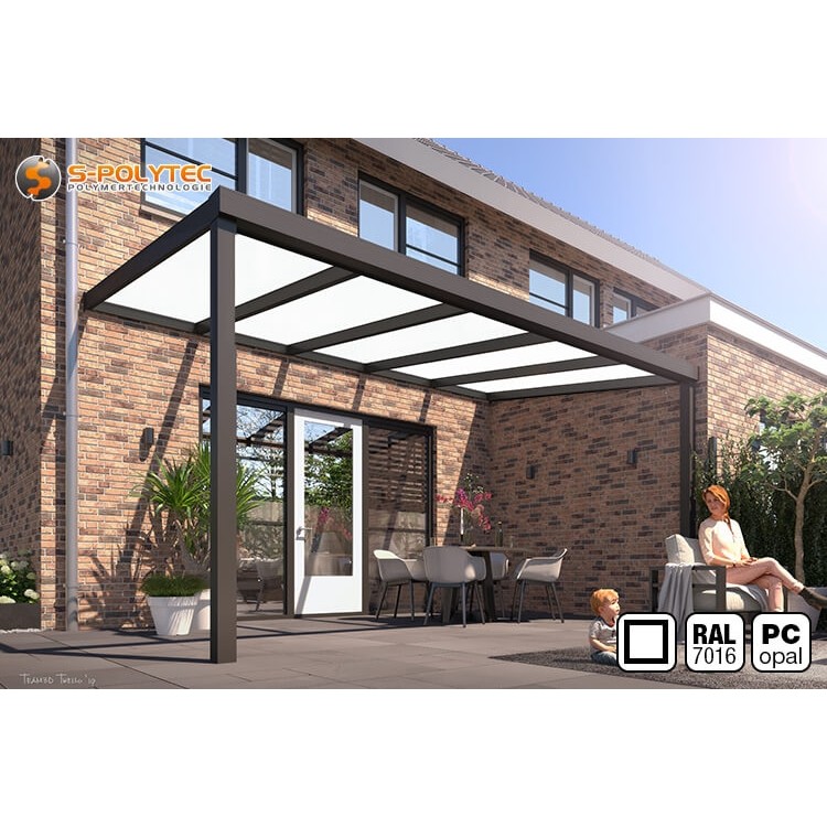 De vierkante Terrasdak op maat in antraciet met 16 mm polycarbonaat dubbelwandige plaat in matglaslook