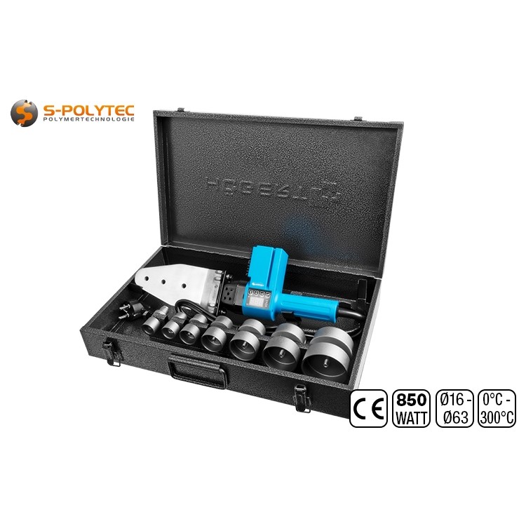 The Högert socket wrench device in a case contains pipe adapters in sizes DN16, DN20, DN25, DN32, DN40, DN50, and DN63