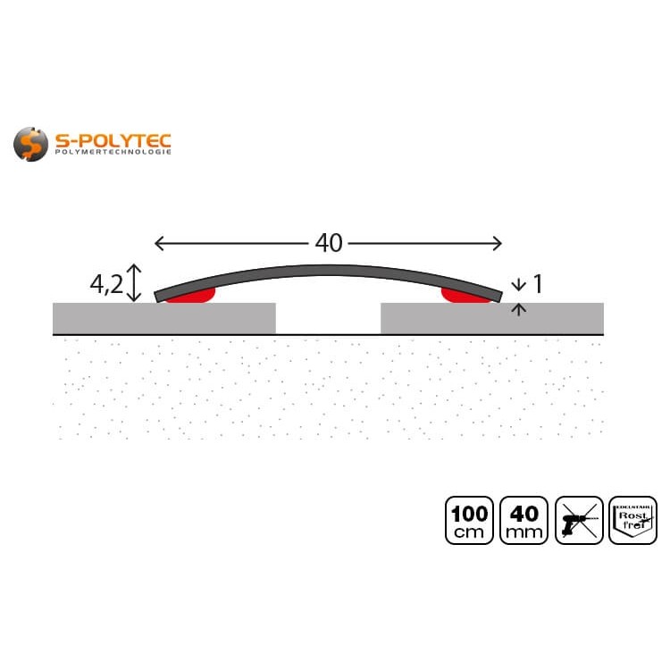 Het zelfklevende roestvrijstalen vloerprofiel heeft een breedte van 40mm en een lengte van 100 cm