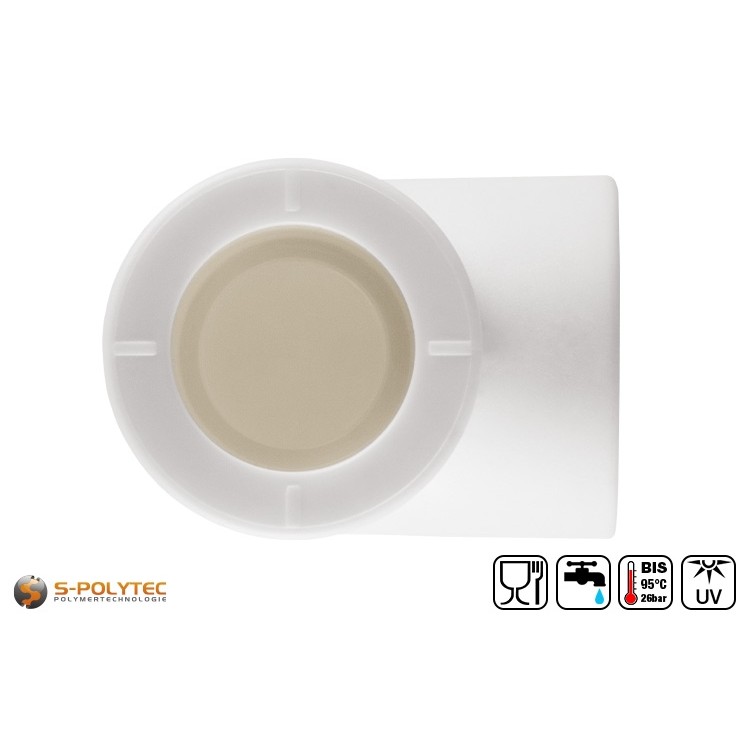 De Aqua-Plus PP-R bocht 90° DN20 in wit is geschikt voor de rechthoekige aansluiting van PP-R buizen met een buitendiameter van 20mm