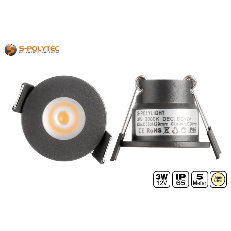 De antracietgrijze spots Ø36mm hebben een inbouwdiameter van 28mm en een diepte van slechts 29mm