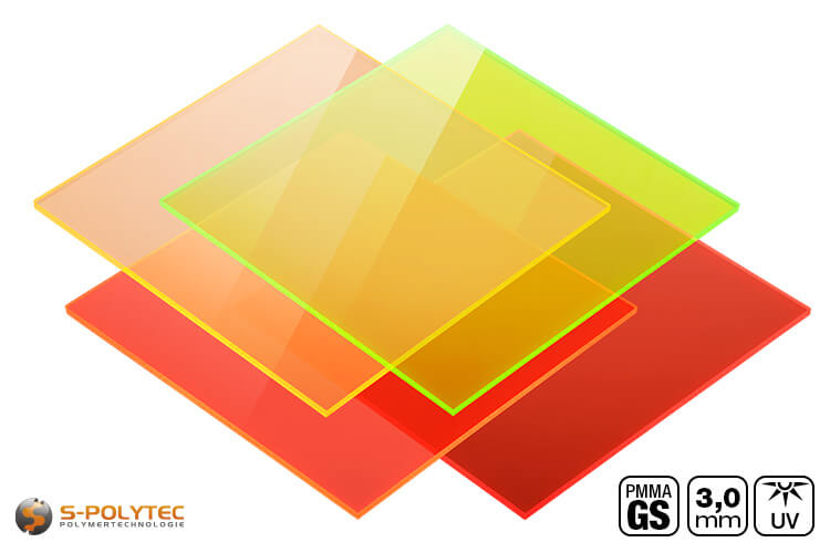 Fluorescerend acrylglas GS gekleurd met neon glow effect in millimeter nauwkeurige sneden vanaf slechts 30mmx30mm.