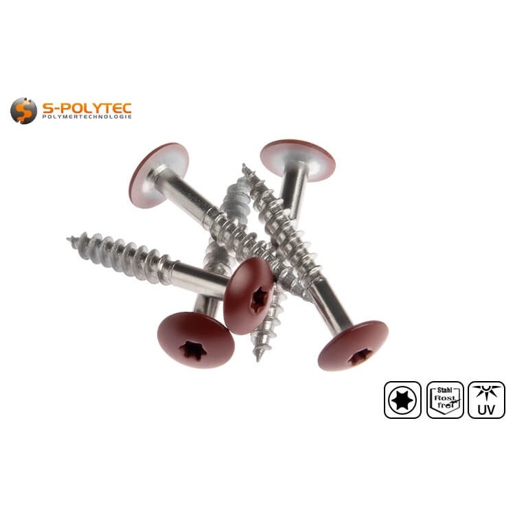 Gevelschroeven volgens DIN EN 14952 voor Trespa® Meteon® FR HPL-platen in Wine Red (A12.6.3) met satijnglans.	