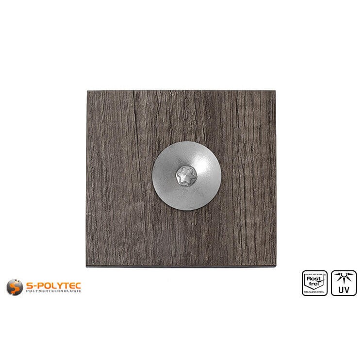 Balkonschroef RVS ongeverfd op en HPL plaat in houtoptiek