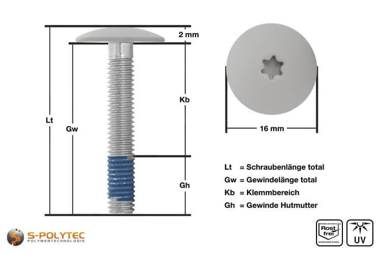 Balkonschroef met geverfde kop in lichtgrijs met 5mm schroefdraad