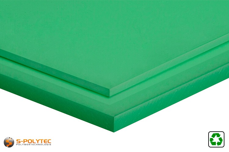 Polyethyleen platen (PE-UHMW, PE-1000) groen van recycling materiaal met glad oppervlak in diktes vanaf 10mm tot 80mm als standaard formaat platen 2,0 x 1,0 meter