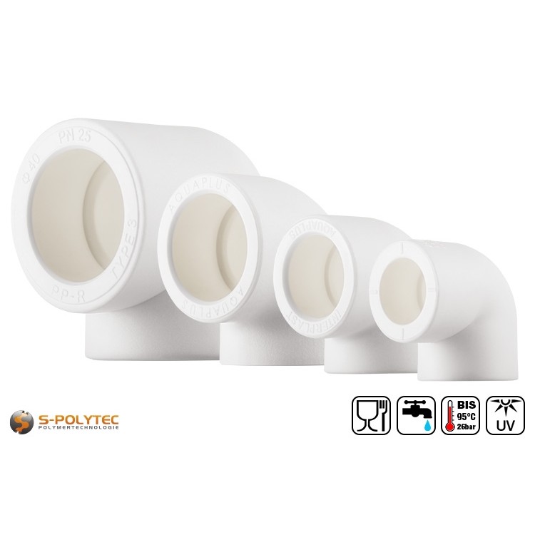 Aqua-Plus PP-R elleboog 90° in wit voor het aansluiten en veranderen van de richting onder een rechte hoek van PP-R buizen