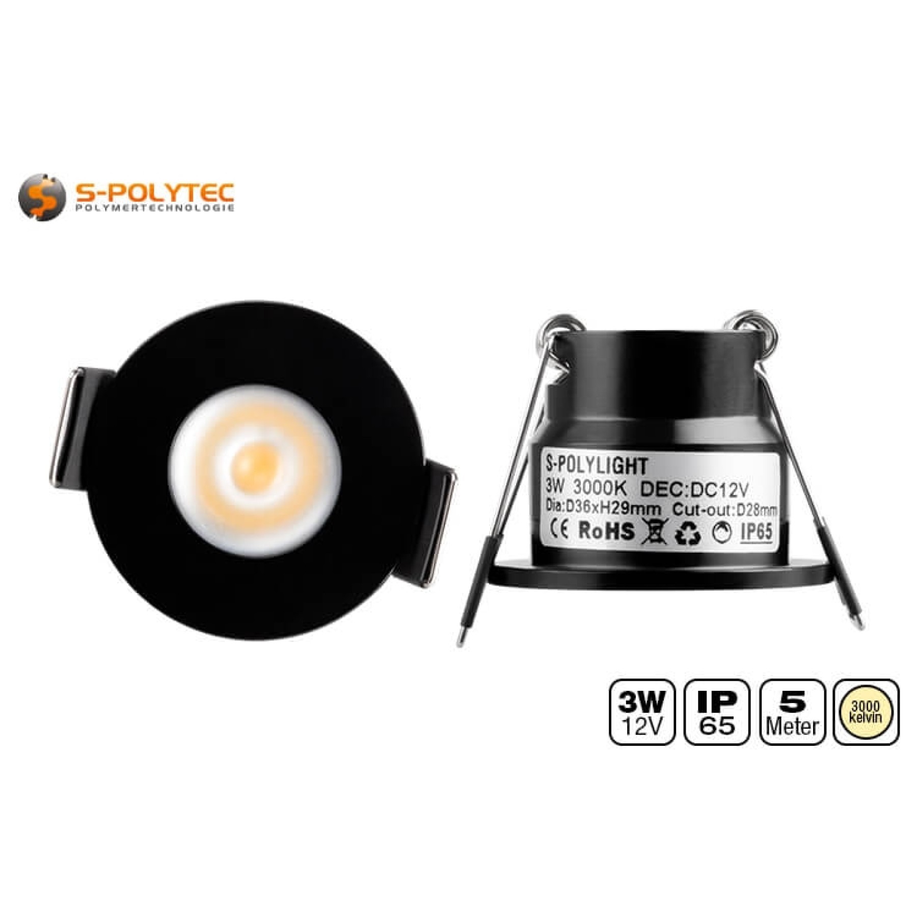 De aansluitkabel met schroefconnectoren is stof- en waterdicht, 5 meter lang en bij de levering inbegrepen