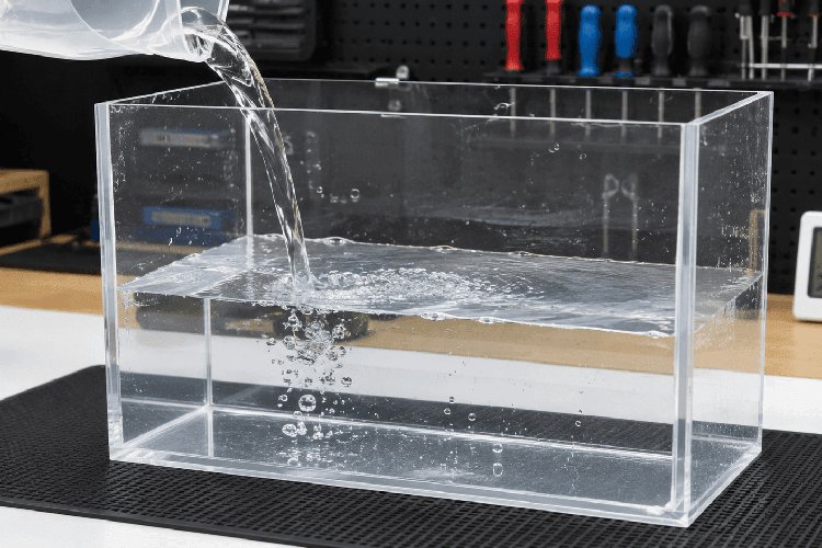 Waterdichtheidstest van een zelfgebouwd aquarium van acrylglas