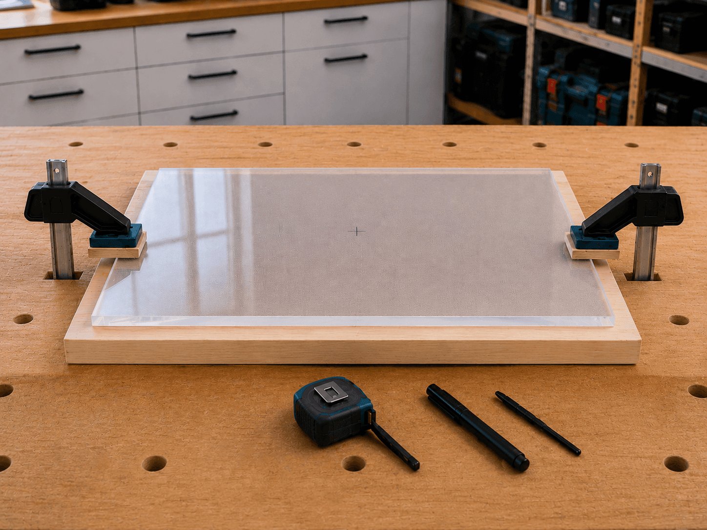 Acrylglasplaat en onderlegplaat met lijmklemmen tegen verschuiven vastzetten
