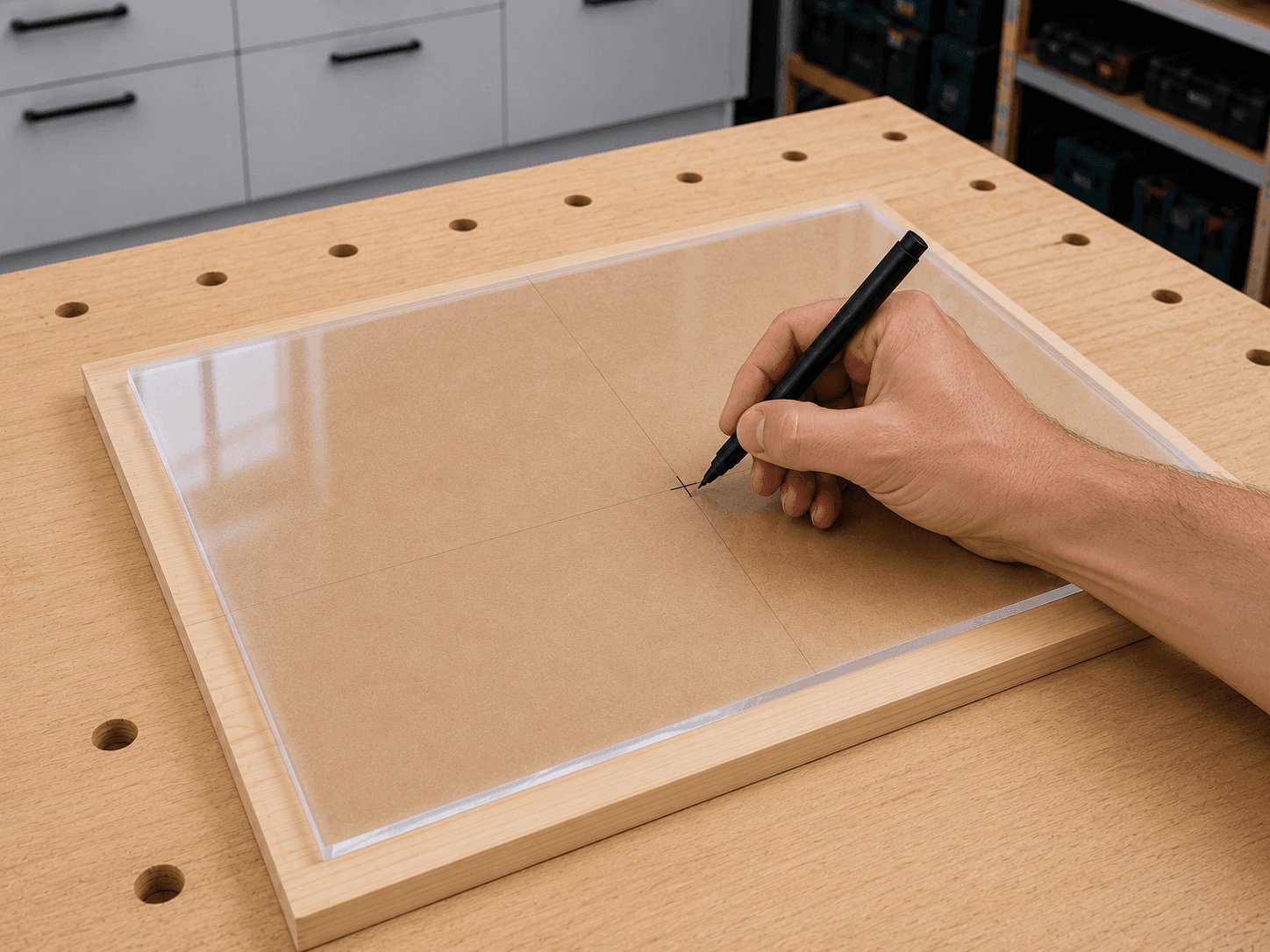 De boorpositie op de beschermfolie van een acrylglasplaat markeren