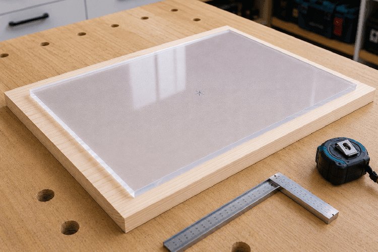 De acrylglasplaat rond de boorplek volledig op een houten ondergrond leggen