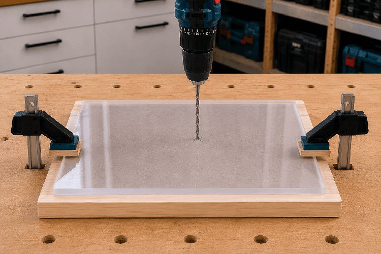 Een kunststofboor loodrecht op een gemarkeerde acrylglasplaat plaatsen
