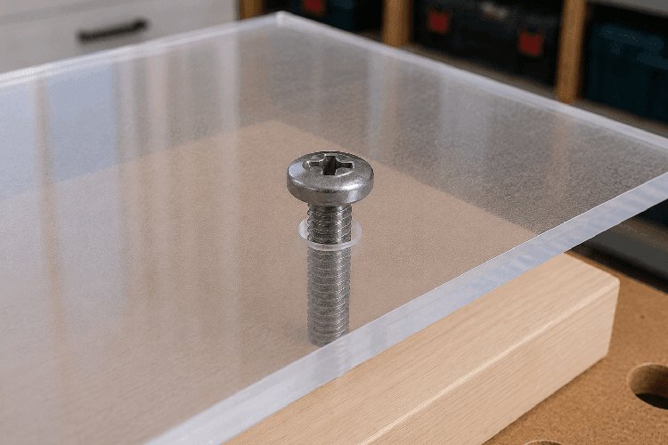 Schroef met voldoende bewegingsruimte in een groter boorgat in acrylglas