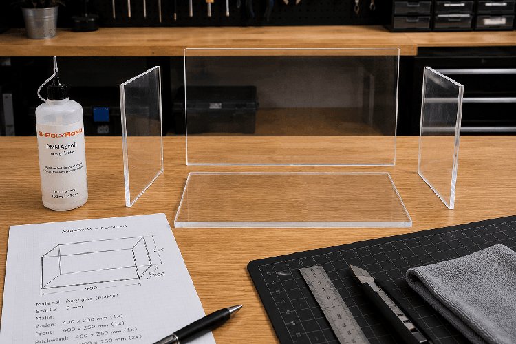 Planning van een aquarium van acrylglas met een schets en op maat gezaagde platen