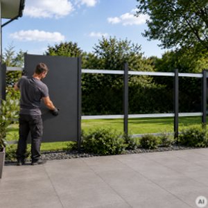 Eerste HPL-plaat wordt aan een onderconstructie langs het terras uitgelijnd