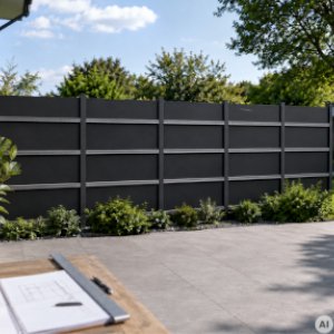 Palen en onderconstructie voor een HPL-privacyscherm langs een terras vóór de plaatmontage