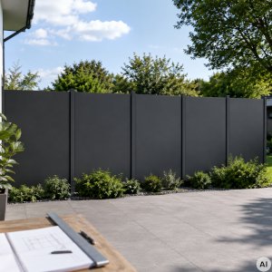 HPL-privacyscherm met gelijkmatig verdeelde velden en paalposities bij een terras