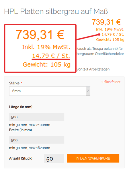 De nieuwe prijsberekening voor op maat gezaagde HPL platen voor vijftig identieke zaagsneden